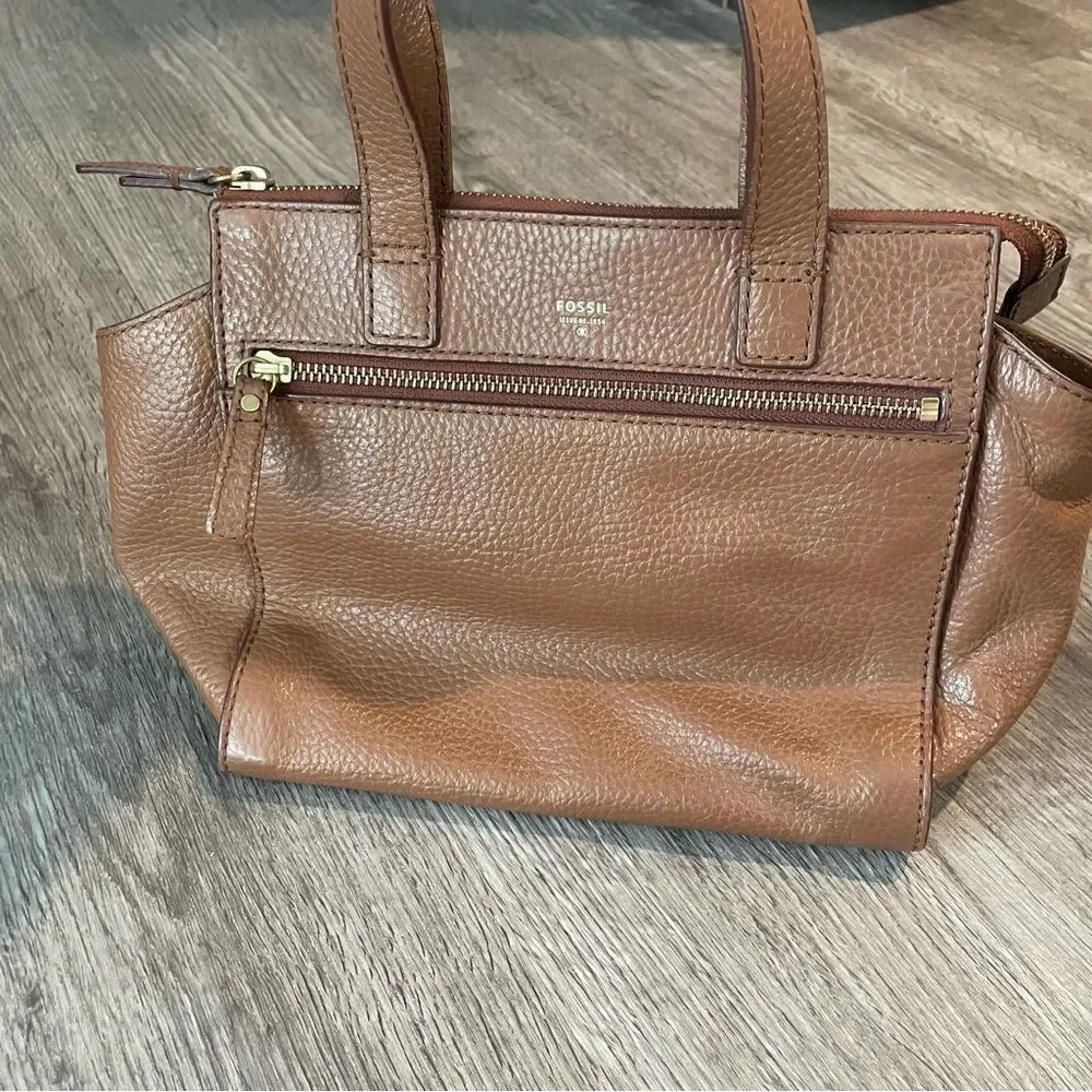 FOSSIL Tan Brown Leather Satchel Top Handle Bag